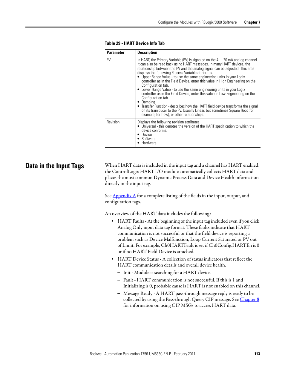 Data in the input tags | Rockwell Automation 1756-OF8H ControlLogix HART Analog I/O Modules User Manual | Page 113 / 228