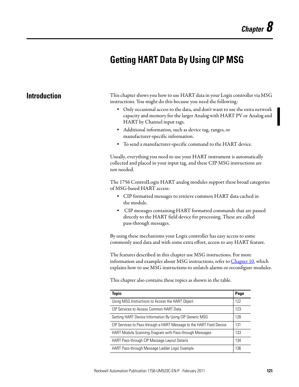 Getting hart data by using cip msg, Chapter 8, Introduction | For mor, Chapter | Rockwell Automation 1756-OF8H ControlLogix HART Analog I/O Modules User Manual | Page 121 / 228