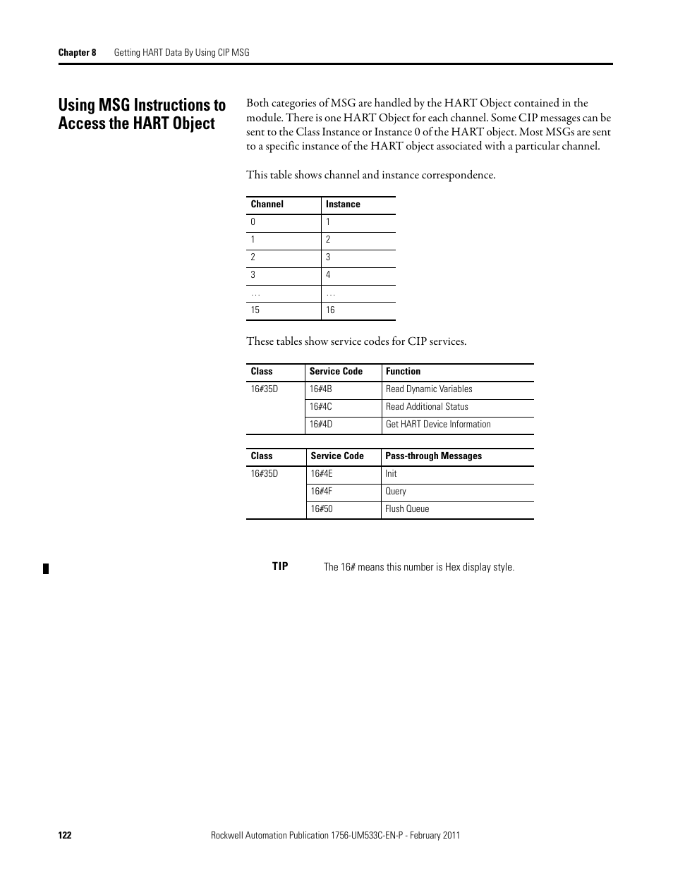 Using msg instructions to access the hart object | Rockwell Automation 1756-OF8H ControlLogix HART Analog I/O Modules User Manual | Page 122 / 228