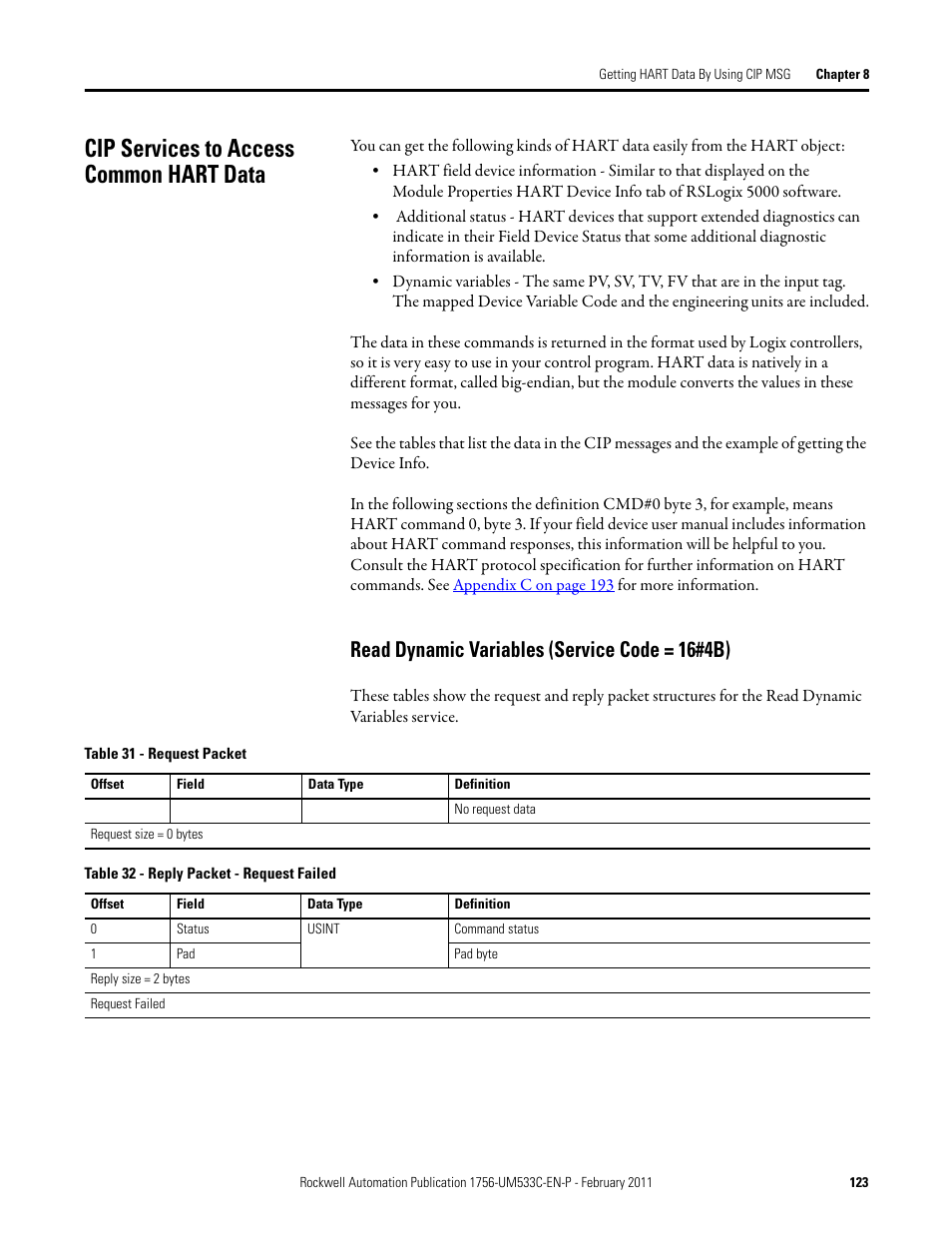 Cip services to access common hart data, Read dynamic variables (service code = 16#4b) | Rockwell Automation 1756-OF8H ControlLogix HART Analog I/O Modules User Manual | Page 123 / 228