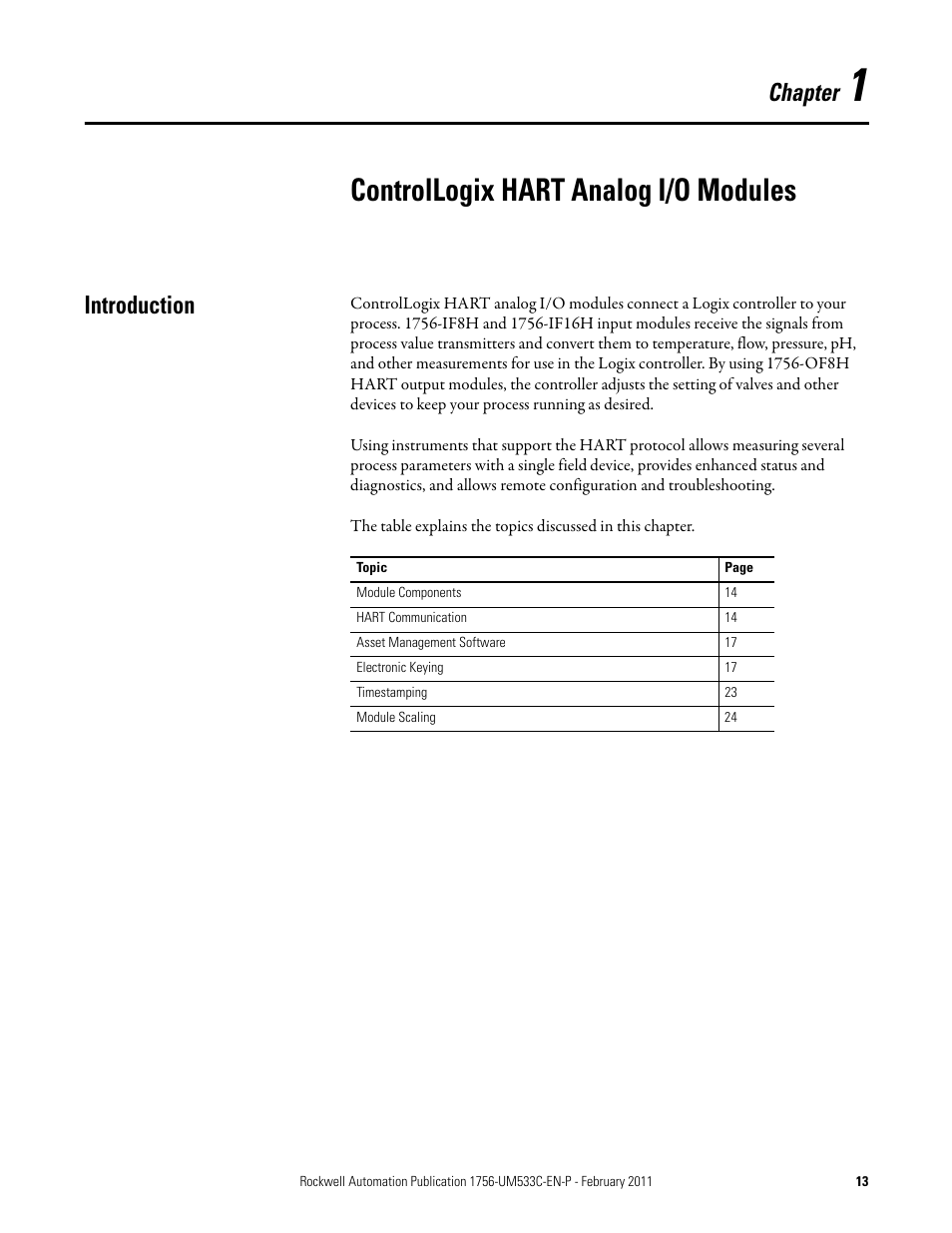 Controllogix hart analog i/o modules, Chapter 1, Introduction | Chapter | Rockwell Automation 1756-OF8H ControlLogix HART Analog I/O Modules User Manual | Page 13 / 228