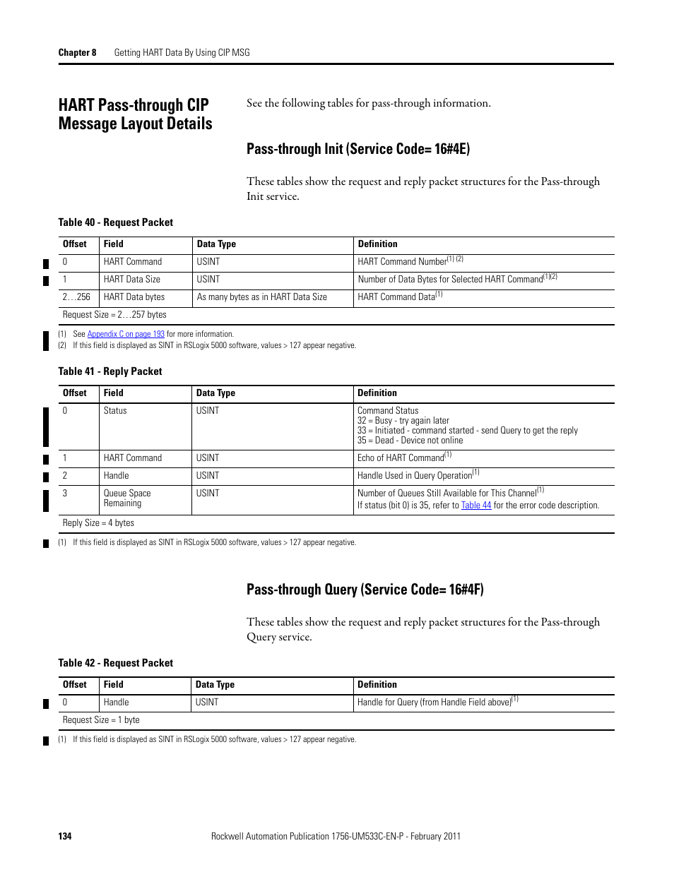 Hart pass-through cip message layout details, Pass-through init (service code= 16#4e), Pass-through query (service code= 16#4f) | Rockwell Automation 1756-OF8H ControlLogix HART Analog I/O Modules User Manual | Page 134 / 228