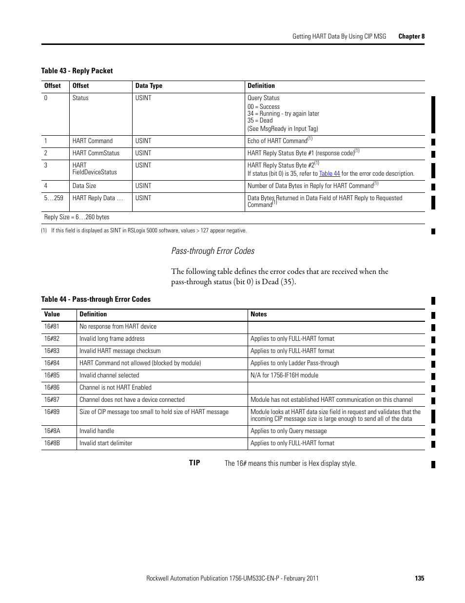 Table 44, Pass-through error codes | Rockwell Automation 1756-OF8H ControlLogix HART Analog I/O Modules User Manual | Page 135 / 228