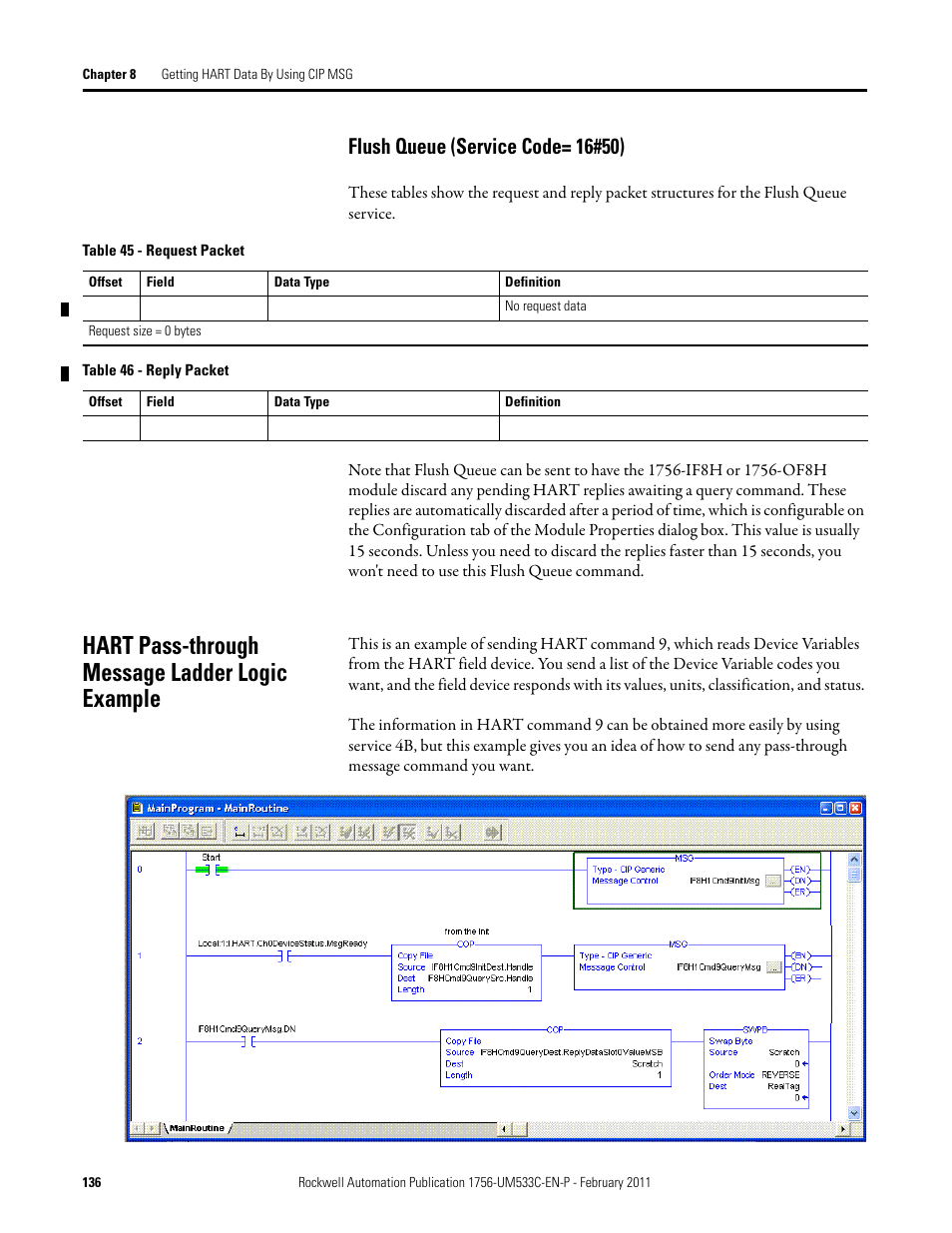 Hart pass-through message ladder logic example, Flush queue (service code= 16#50) | Rockwell Automation 1756-OF8H ControlLogix HART Analog I/O Modules User Manual | Page 136 / 228