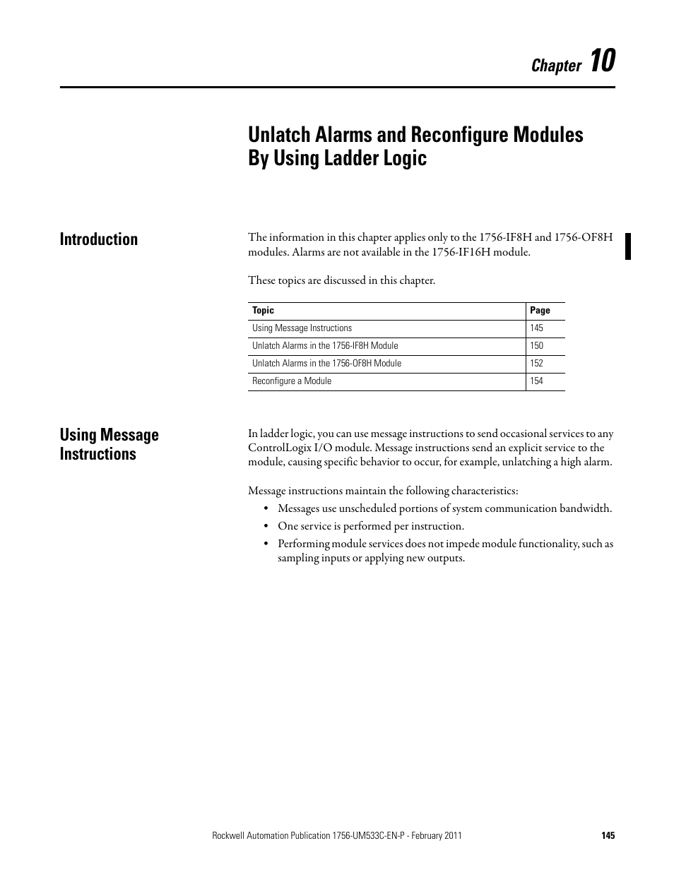 Using message instructions, Chapter 10, Introduction using message instructions | Chapter, Introduction | Rockwell Automation 1756-OF8H ControlLogix HART Analog I/O Modules User Manual | Page 145 / 228