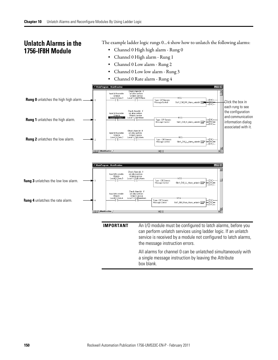 Unlatch alarms in the 1756-if8h module | Rockwell Automation 1756-OF8H ControlLogix HART Analog I/O Modules User Manual | Page 150 / 228