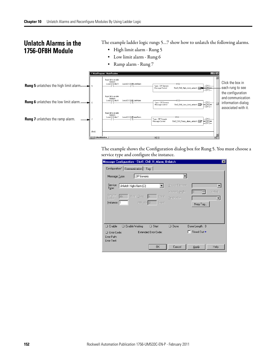 Unlatch alarms in the 1756-of8h module | Rockwell Automation 1756-OF8H ControlLogix HART Analog I/O Modules User Manual | Page 152 / 228