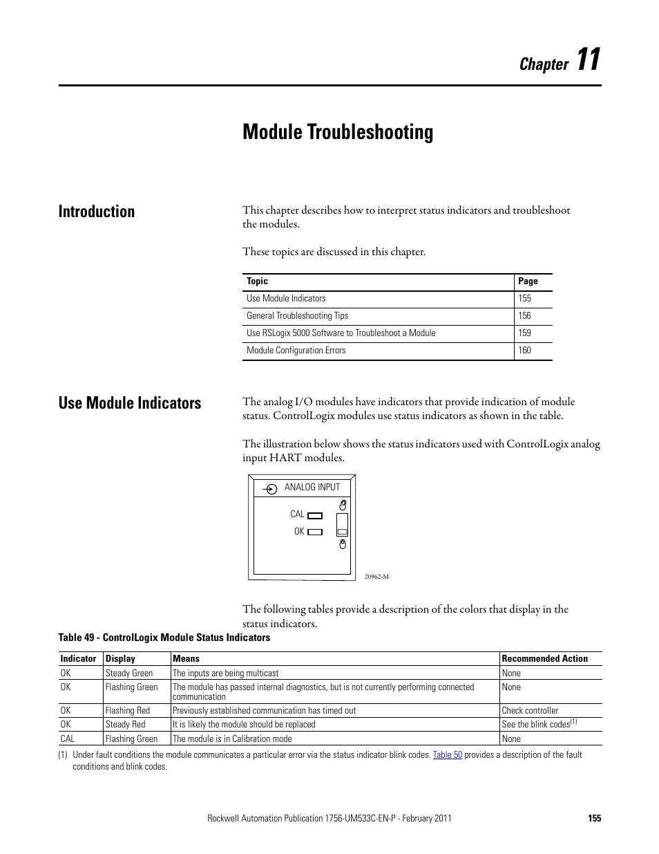 Module troubleshooting, Use module indicators, Chapter 11 | Introduction use module indicators, Chapter, Introduction | Rockwell Automation 1756-OF8H ControlLogix HART Analog I/O Modules User Manual | Page 155 / 228
