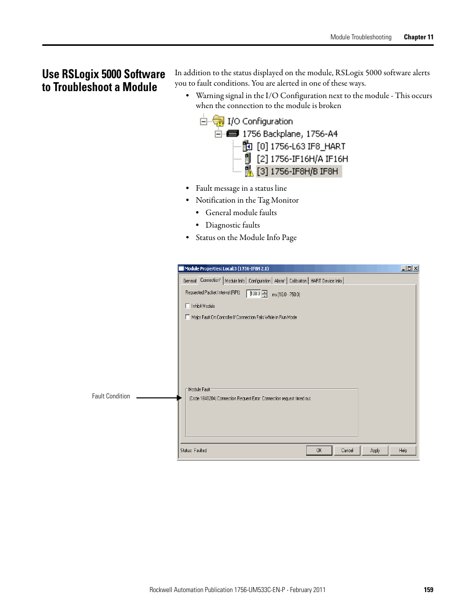Use rslogix 5000 software to troubleshoot a module | Rockwell Automation 1756-OF8H ControlLogix HART Analog I/O Modules User Manual | Page 159 / 228