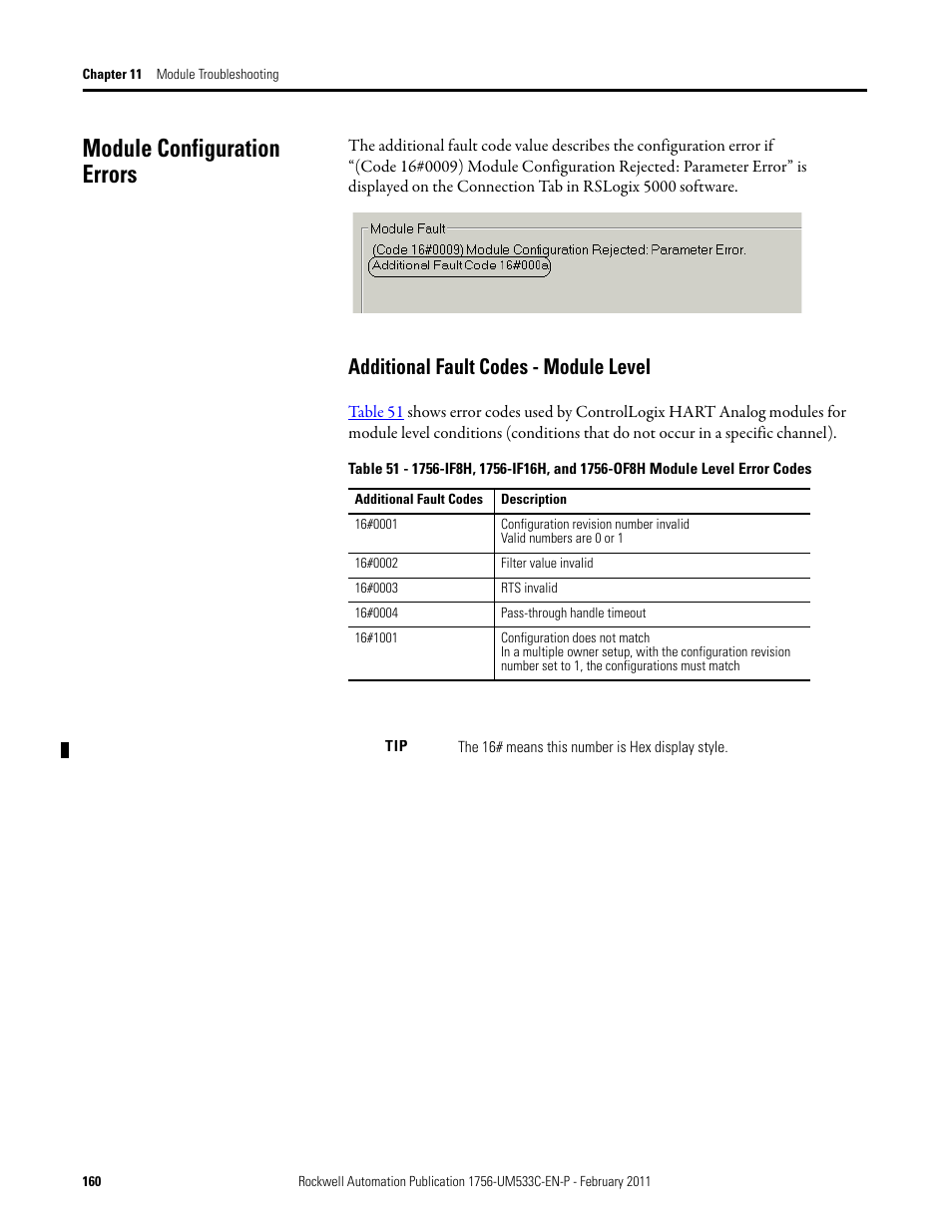 Module configuration errors, Additional fault codes - module level | Rockwell Automation 1756-OF8H ControlLogix HART Analog I/O Modules User Manual | Page 160 / 228