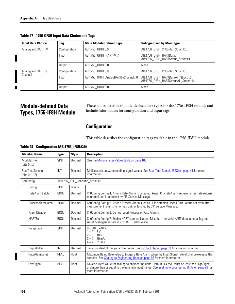 Module-defined data types, 1756-if8h module, Configuration | Rockwell Automation 1756-OF8H ControlLogix HART Analog I/O Modules User Manual | Page 164 / 228