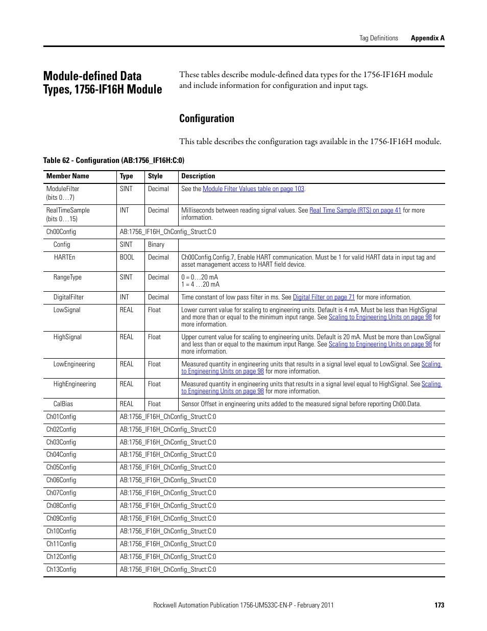 Module-defined data types, 1756-if16h module, Configuration | Rockwell Automation 1756-OF8H ControlLogix HART Analog I/O Modules User Manual | Page 173 / 228