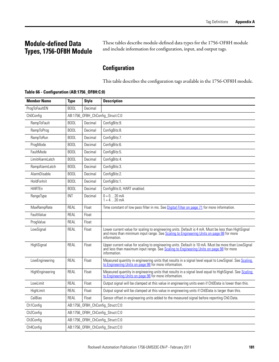 Module-defined data types, 1756-of8h module, Configuration | Rockwell Automation 1756-OF8H ControlLogix HART Analog I/O Modules User Manual | Page 181 / 228