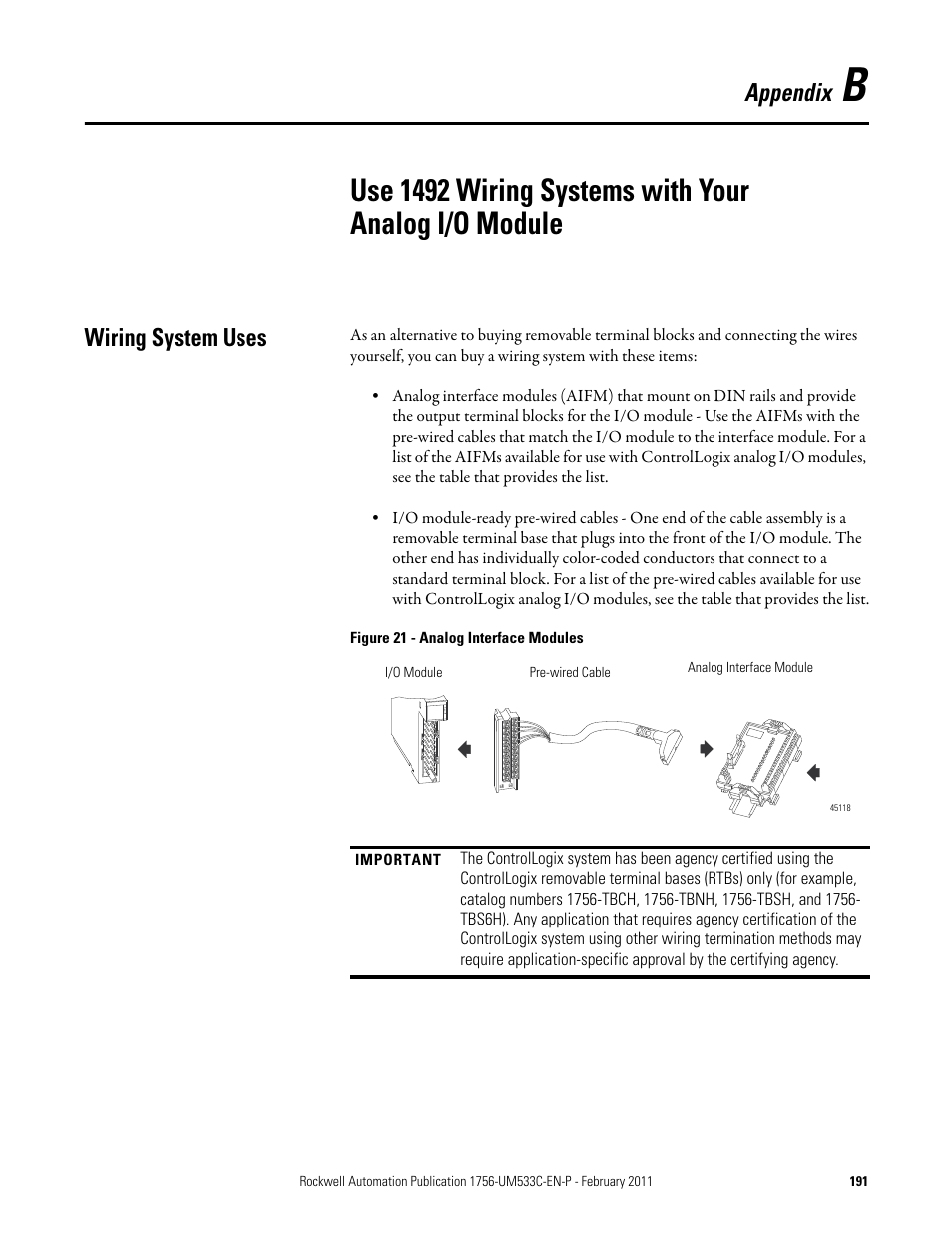 Wiring system uses, Appendix b, Appendix | Rockwell Automation 1756-OF8H ControlLogix HART Analog I/O Modules User Manual | Page 191 / 228