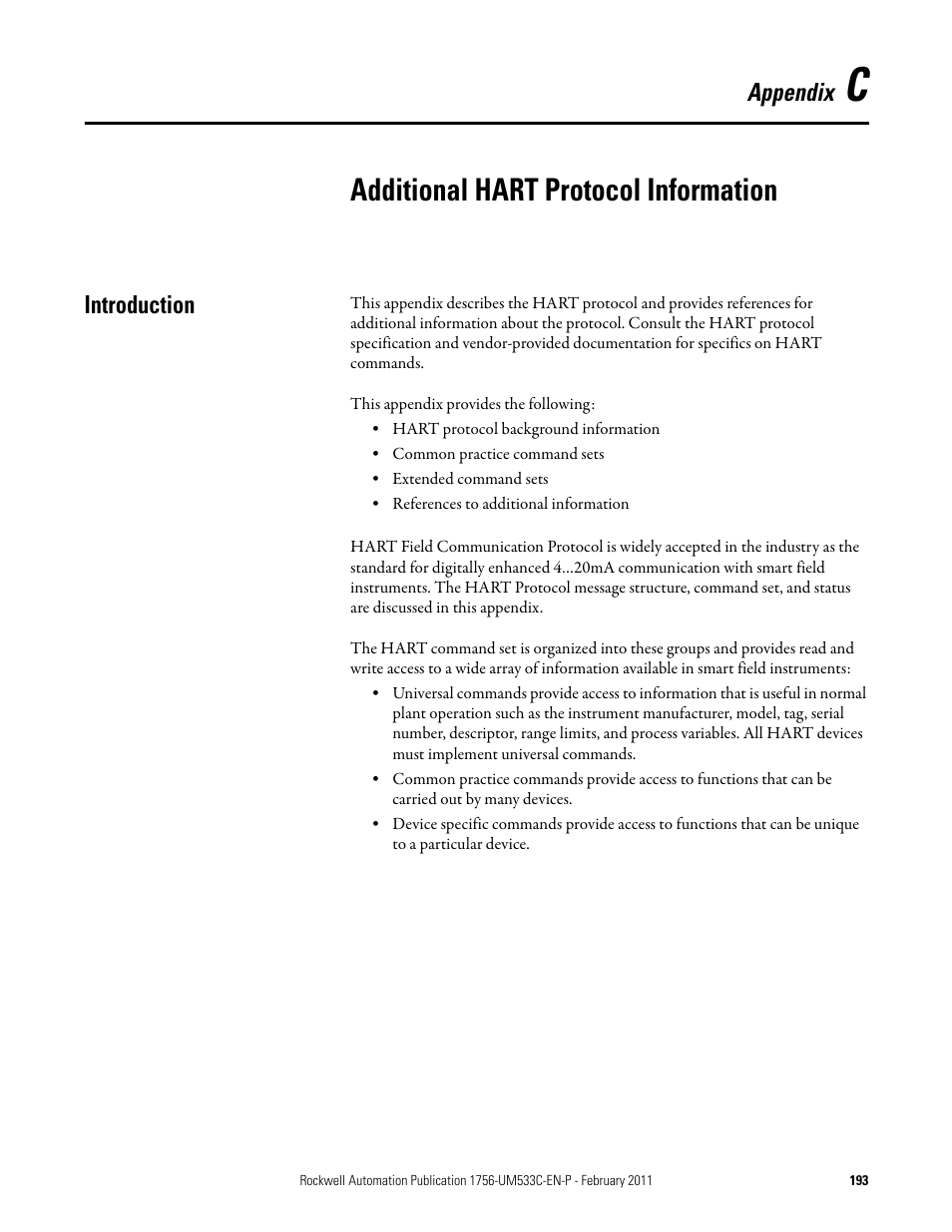 Appendix c- additional hart protocol information, Introduction, Appendix c | Additional hart protocol information, For det, Appendix | Rockwell Automation 1756-OF8H ControlLogix HART Analog I/O Modules User Manual | Page 193 / 228
