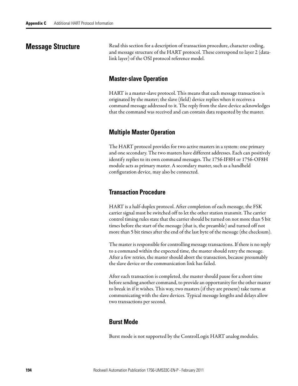 Message structure | Rockwell Automation 1756-OF8H ControlLogix HART Analog I/O Modules User Manual | Page 194 / 228