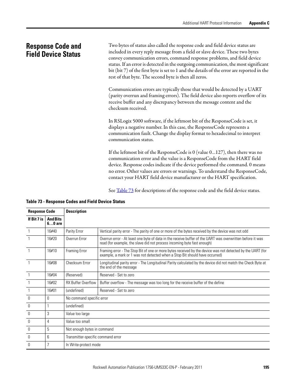 Response code and field device status, Response code | Rockwell Automation 1756-OF8H ControlLogix HART Analog I/O Modules User Manual | Page 195 / 228