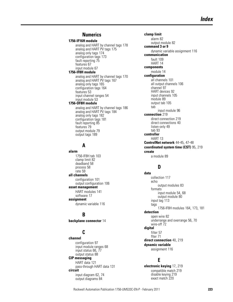 Index, Numerics | Rockwell Automation 1756-OF8H ControlLogix HART Analog I/O Modules User Manual | Page 223 / 228