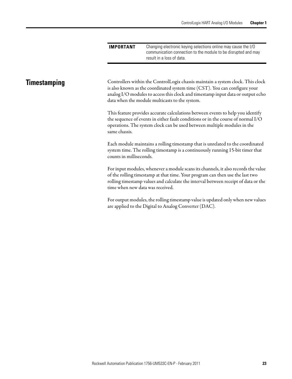 Timestamping | Rockwell Automation 1756-OF8H ControlLogix HART Analog I/O Modules User Manual | Page 23 / 228