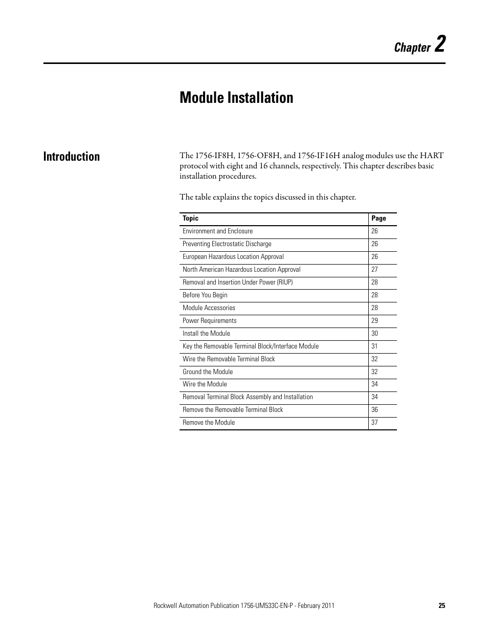 Module installation, Chapter 2, Introduction | Chapter | Rockwell Automation 1756-OF8H ControlLogix HART Analog I/O Modules User Manual | Page 25 / 228