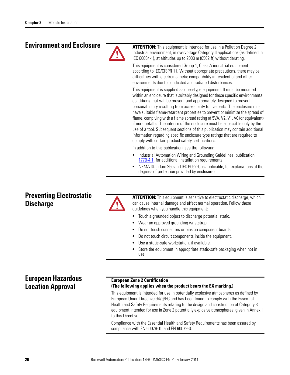 Environment and enclosure, Preventing electrostatic discharge, European hazardous location approval | Rockwell Automation 1756-OF8H ControlLogix HART Analog I/O Modules User Manual | Page 26 / 228