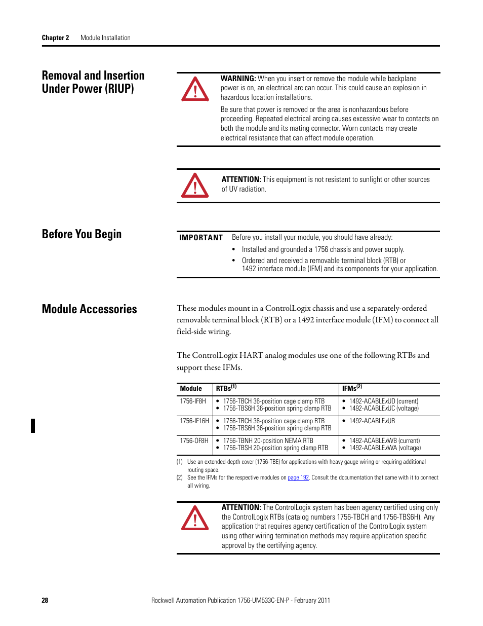 Removal and insertion under power (riup), Before you begin, Module accessories | Rockwell Automation 1756-OF8H ControlLogix HART Analog I/O Modules User Manual | Page 28 / 228