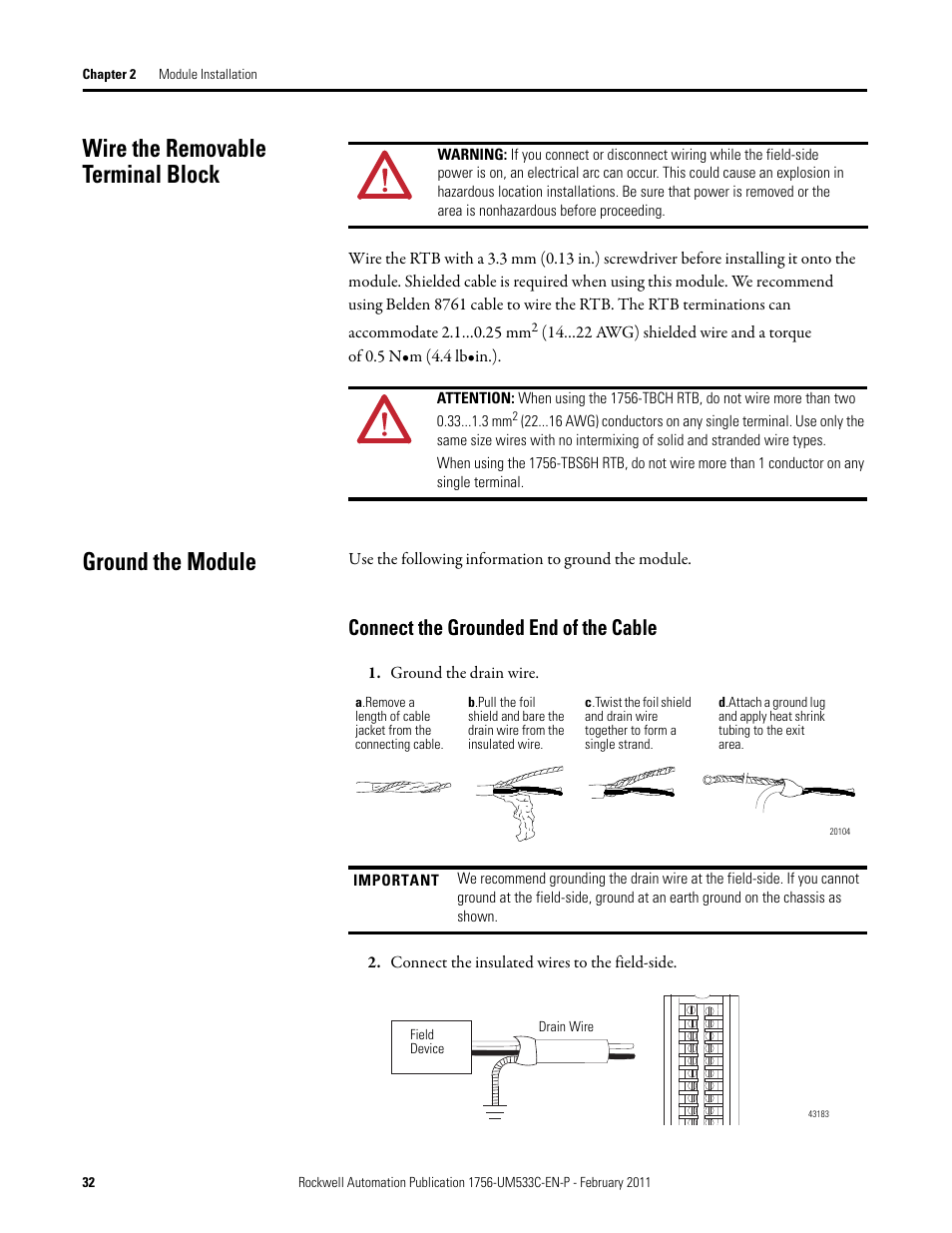 Wire the removable terminal block, Ground the module, Connect the grounded end of the cable | Rockwell Automation 1756-OF8H ControlLogix HART Analog I/O Modules User Manual | Page 32 / 228