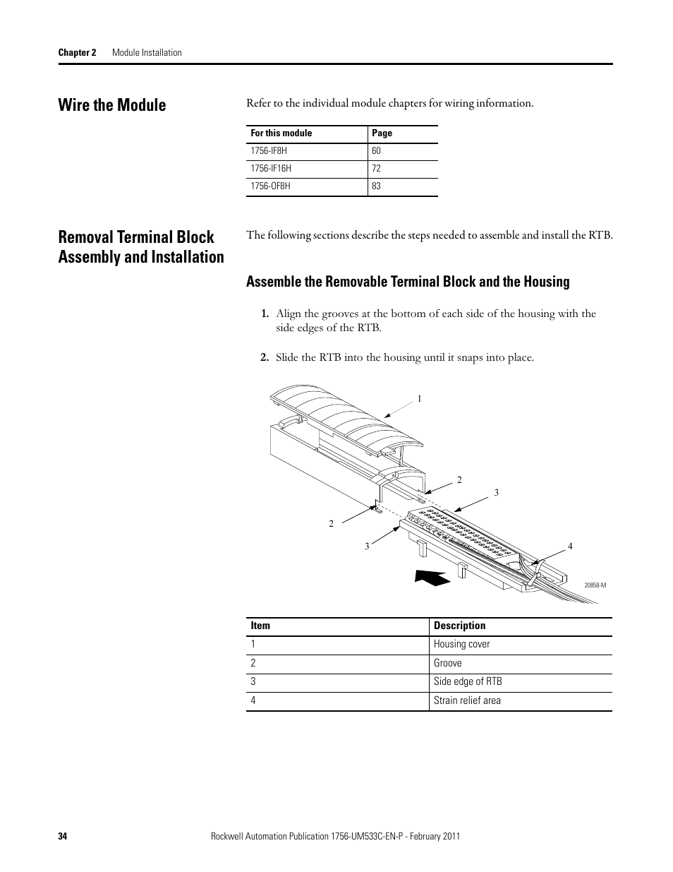Wire the module, Removal terminal block assembly and installation | Rockwell Automation 1756-OF8H ControlLogix HART Analog I/O Modules User Manual | Page 34 / 228