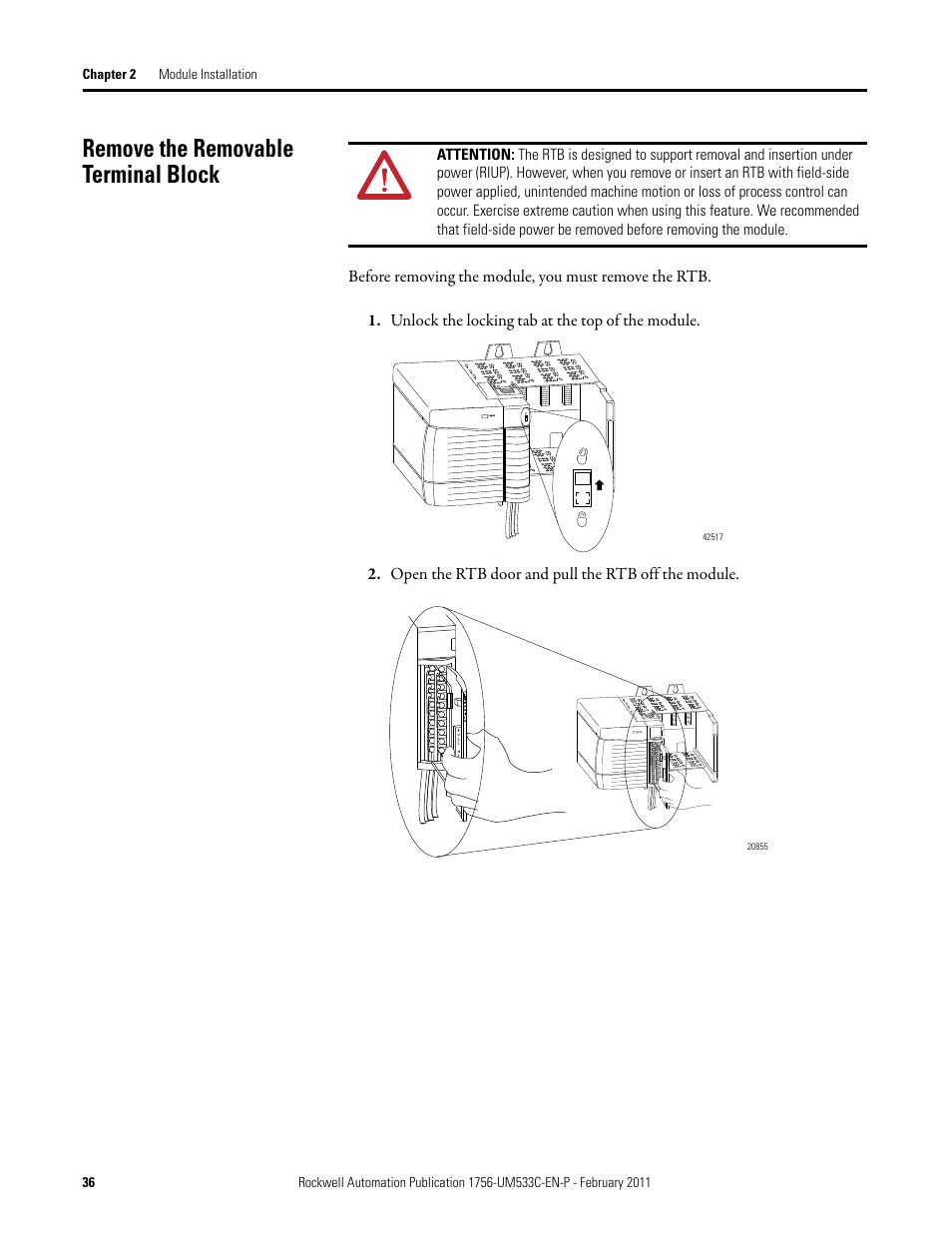 Remove the removable terminal block | Rockwell Automation 1756-OF8H ControlLogix HART Analog I/O Modules User Manual | Page 36 / 228