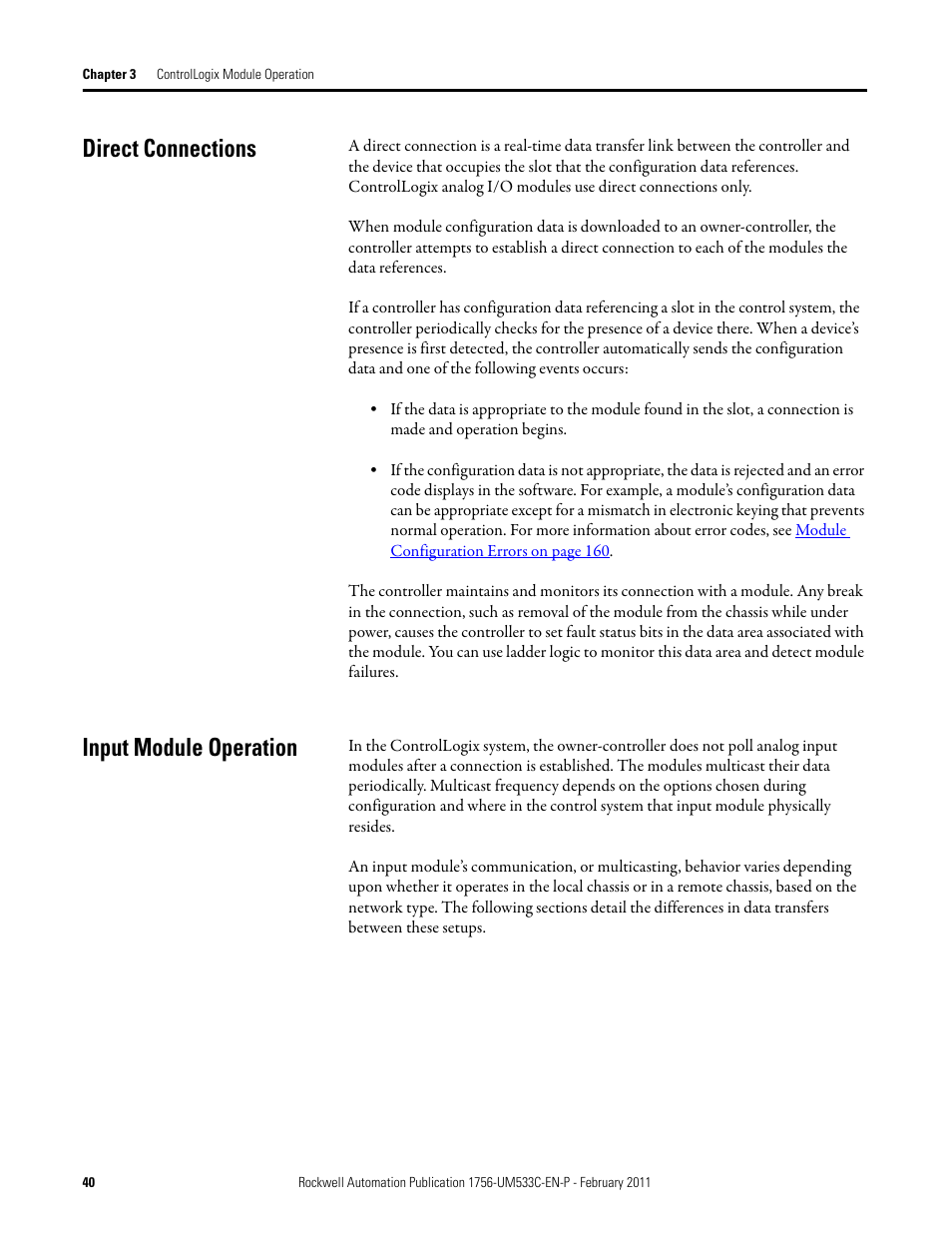 Direct connections, Input module operation, Direct connections input module operation | Rockwell Automation 1756-OF8H ControlLogix HART Analog I/O Modules User Manual | Page 40 / 228