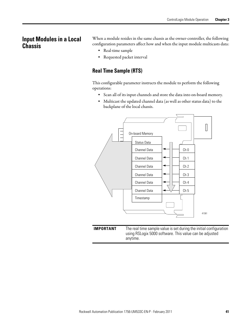 Input modules in a local chassis, Real time sample (rts) | Rockwell Automation 1756-OF8H ControlLogix HART Analog I/O Modules User Manual | Page 41 / 228