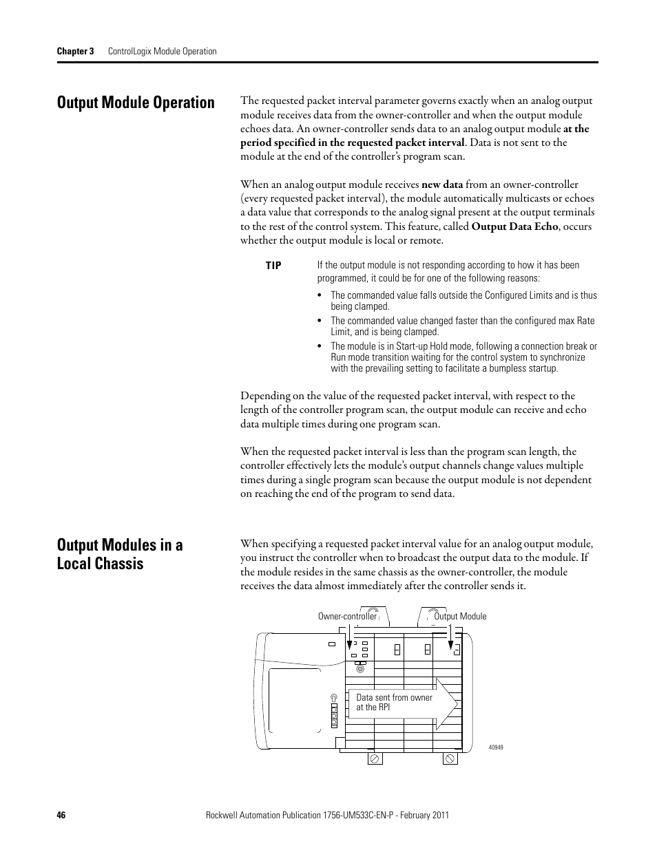 Output module operation, Output modules in a local chassis | Rockwell Automation 1756-OF8H ControlLogix HART Analog I/O Modules User Manual | Page 46 / 228