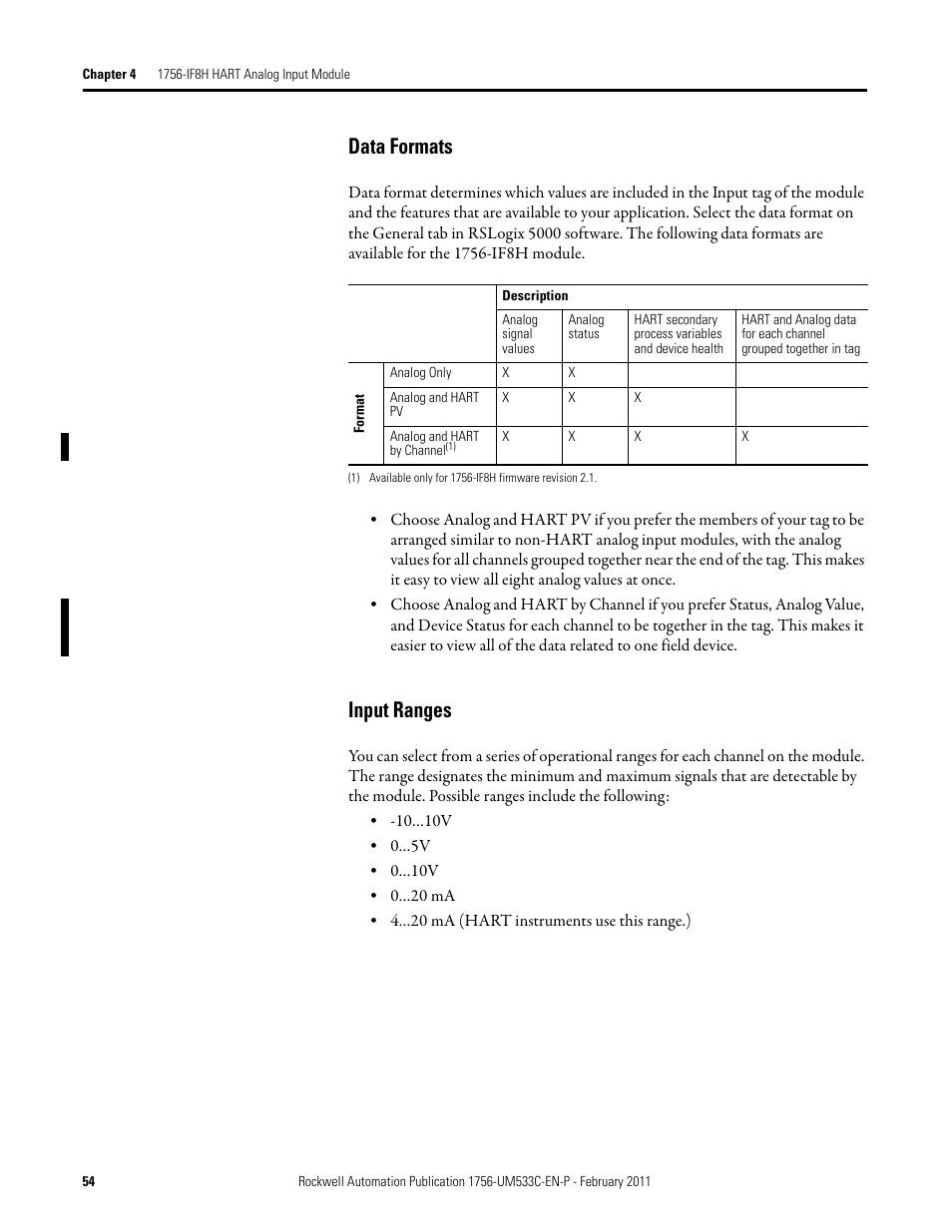 Data formats input ranges, Data formats, Input ranges | Rockwell Automation 1756-OF8H ControlLogix HART Analog I/O Modules User Manual | Page 54 / 228