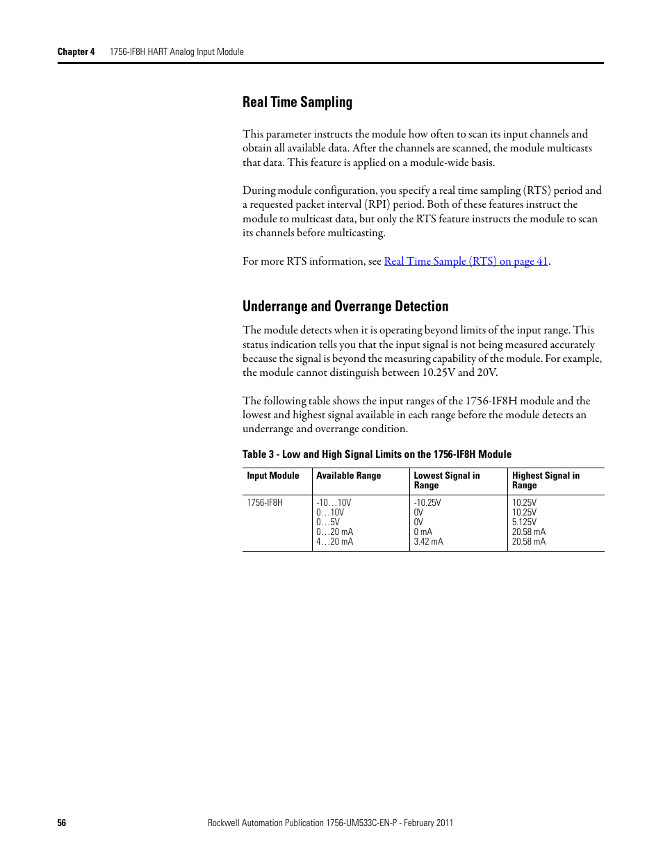 Real time sampling, Underrange and overrange detection | Rockwell Automation 1756-OF8H ControlLogix HART Analog I/O Modules User Manual | Page 56 / 228