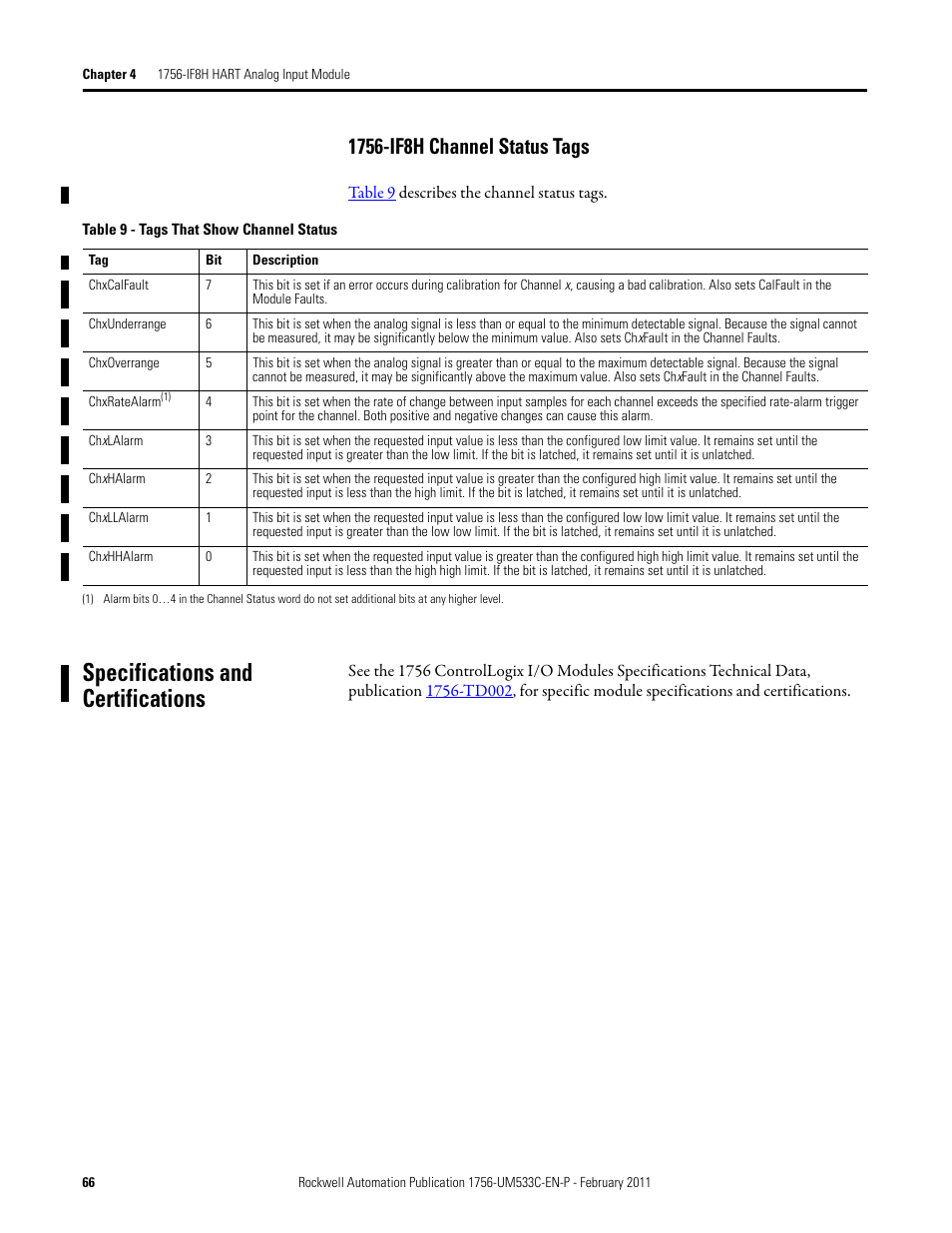 Specifications and certifications, 1756-if8h channel status tags | Rockwell Automation 1756-OF8H ControlLogix HART Analog I/O Modules User Manual | Page 66 / 228