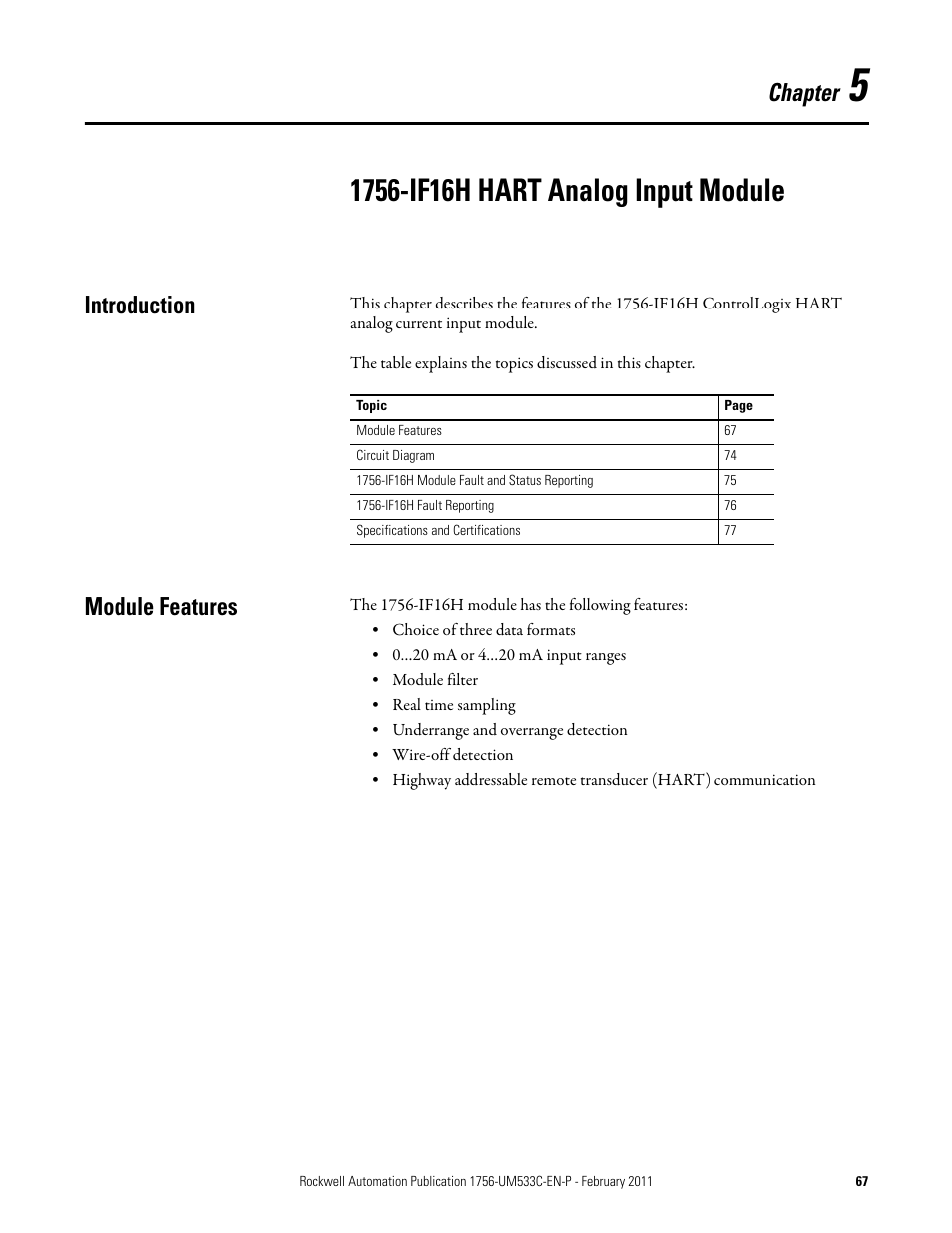 1756-if16h hart analog input module, Module features, Chapter 5 | Introduction module features, Chapter, Introduction | Rockwell Automation 1756-OF8H ControlLogix HART Analog I/O Modules User Manual | Page 67 / 228