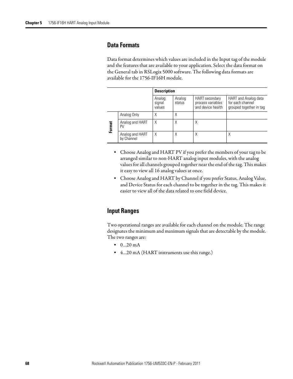 Data formats input ranges, Data formats, Input ranges | Rockwell Automation 1756-OF8H ControlLogix HART Analog I/O Modules User Manual | Page 68 / 228