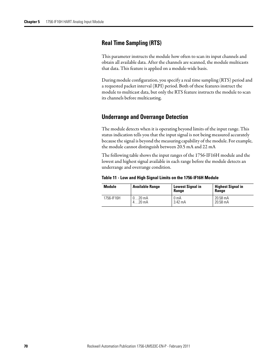 Real time sampling (rts), Underrange and overrange detection | Rockwell Automation 1756-OF8H ControlLogix HART Analog I/O Modules User Manual | Page 70 / 228