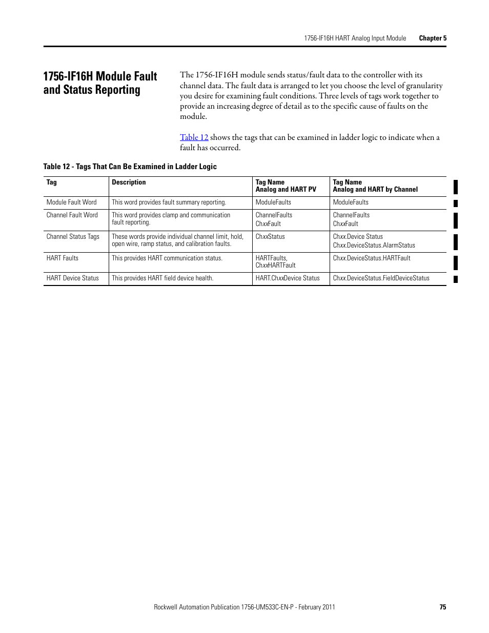 1756-if16h module fault and status reporting | Rockwell Automation 1756-OF8H ControlLogix HART Analog I/O Modules User Manual | Page 75 / 228