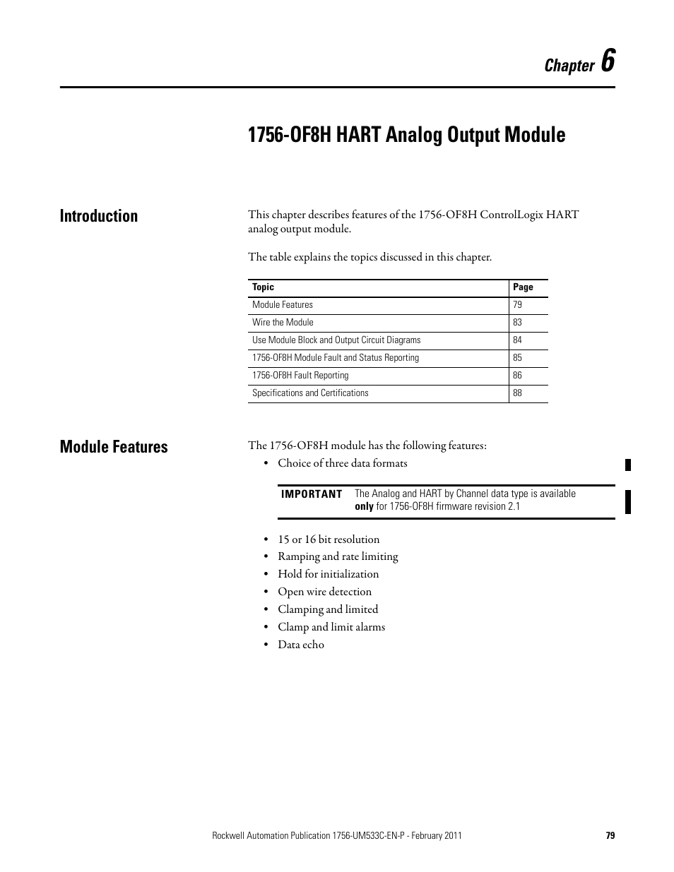 1756-of8h hart analog output module, Chapter, Introduction | Module features | Rockwell Automation 1756-OF8H ControlLogix HART Analog I/O Modules User Manual | Page 79 / 228