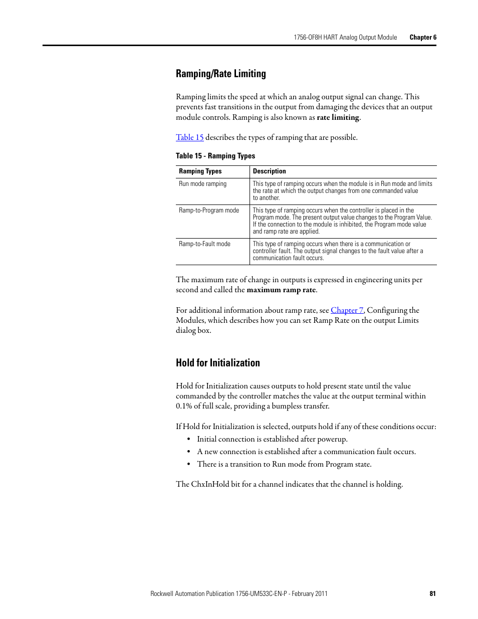 Ramping/rate limiting hold for initialization, Ramping/rate limiting, Hold for initialization | Rockwell Automation 1756-OF8H ControlLogix HART Analog I/O Modules User Manual | Page 81 / 228