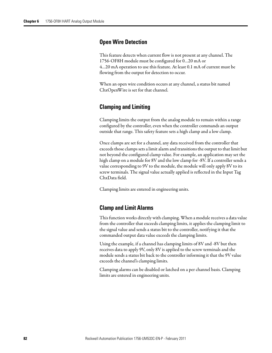 Open wire detection, Clamping and limiting, Clamp and limit alarms | Rockwell Automation 1756-OF8H ControlLogix HART Analog I/O Modules User Manual | Page 82 / 228