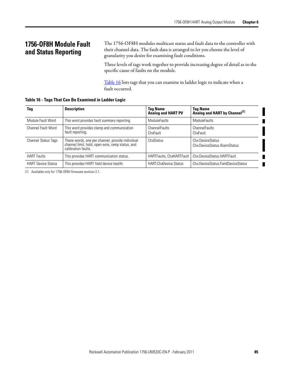 1756-of8h module fault and status reporting | Rockwell Automation 1756-OF8H ControlLogix HART Analog I/O Modules User Manual | Page 85 / 228