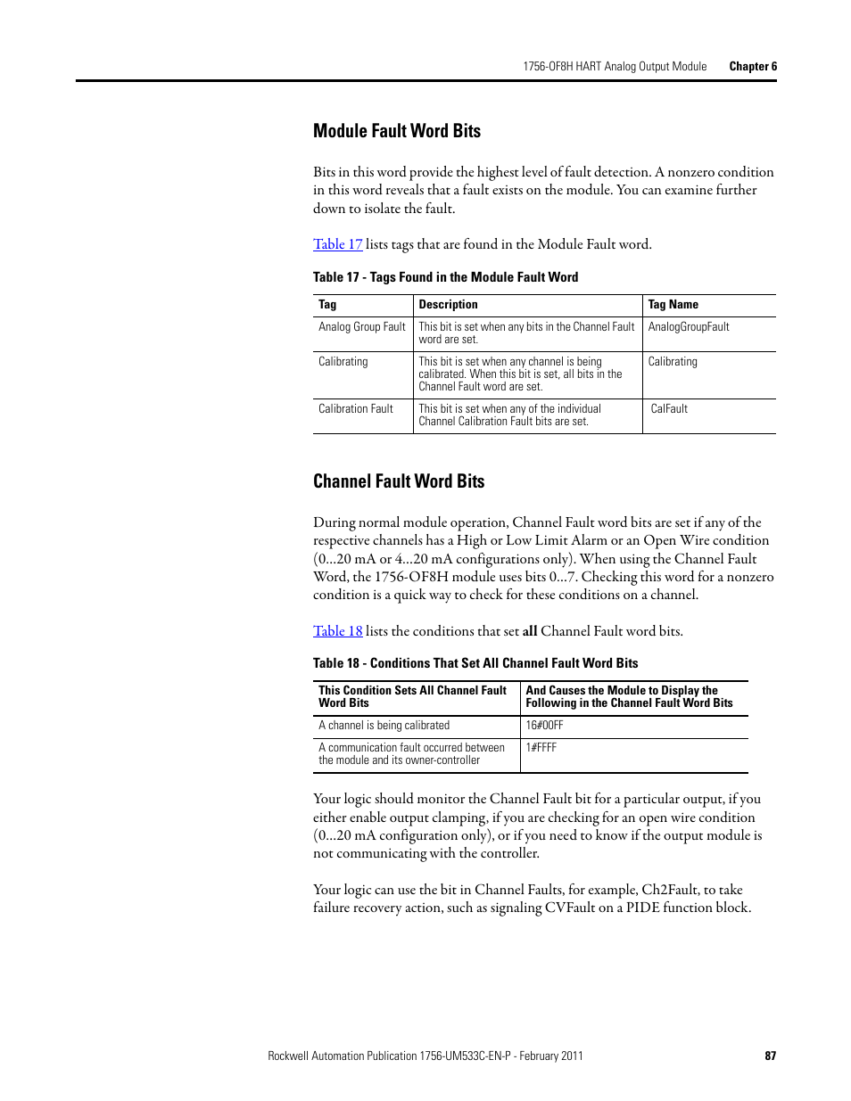 Module fault word bits channel fault word bits, Module fault word bits, Channel fault word bits | Rockwell Automation 1756-OF8H ControlLogix HART Analog I/O Modules User Manual | Page 87 / 228