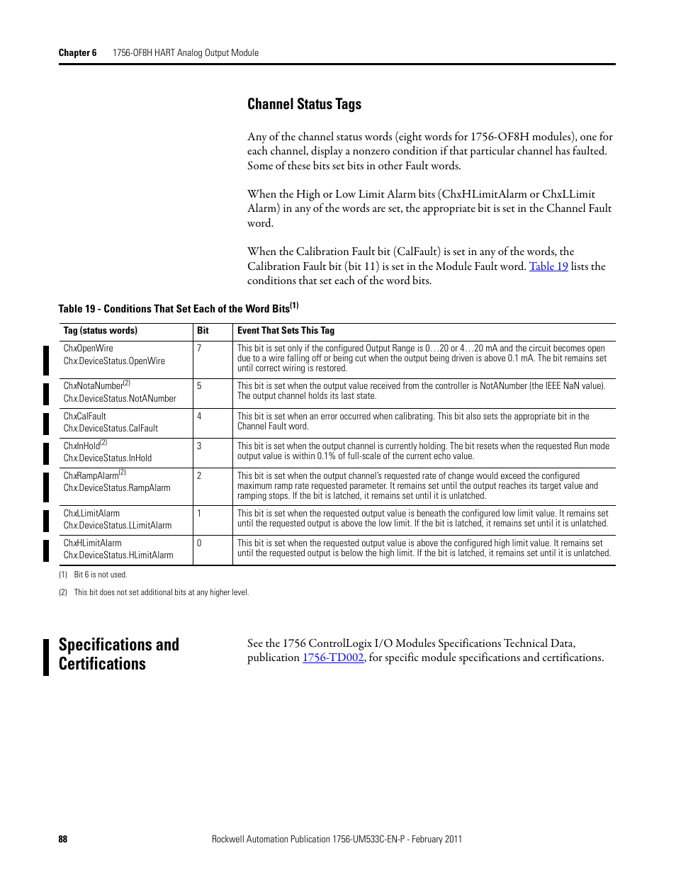 Specifications and certifications, Channel status tags | Rockwell Automation 1756-OF8H ControlLogix HART Analog I/O Modules User Manual | Page 88 / 228