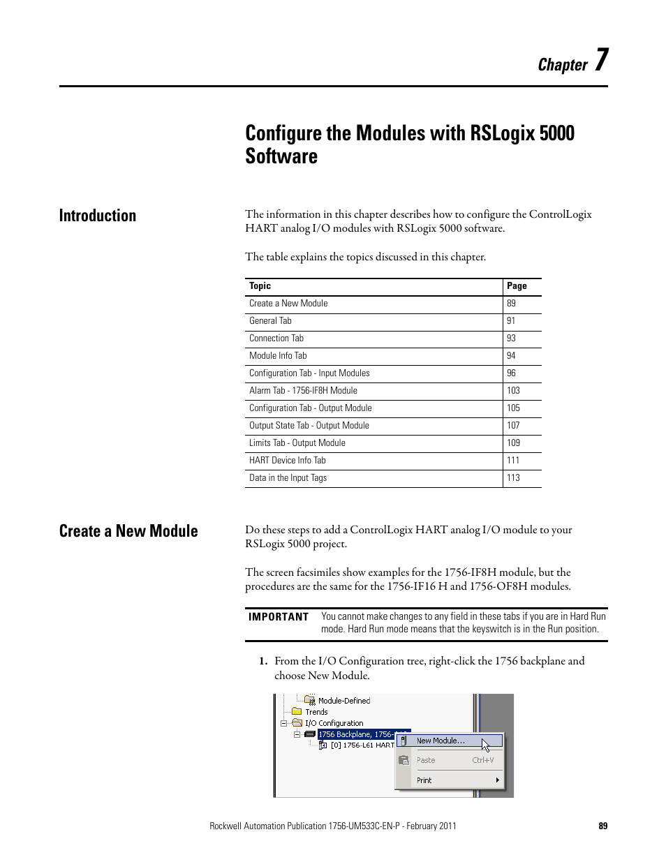Configure the modules with rslogix 5000 software, Create a new module, Chapter 7 | Introduction create a new module, Chapter, Introduction | Rockwell Automation 1756-OF8H ControlLogix HART Analog I/O Modules User Manual | Page 89 / 228