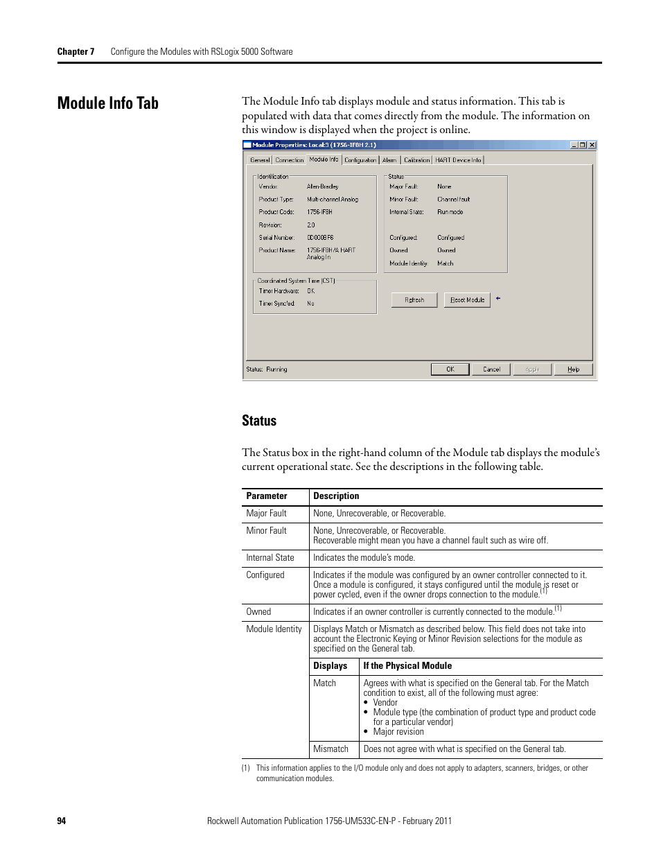 Module info tab, Status | Rockwell Automation 1756-OF8H ControlLogix HART Analog I/O Modules User Manual | Page 94 / 228