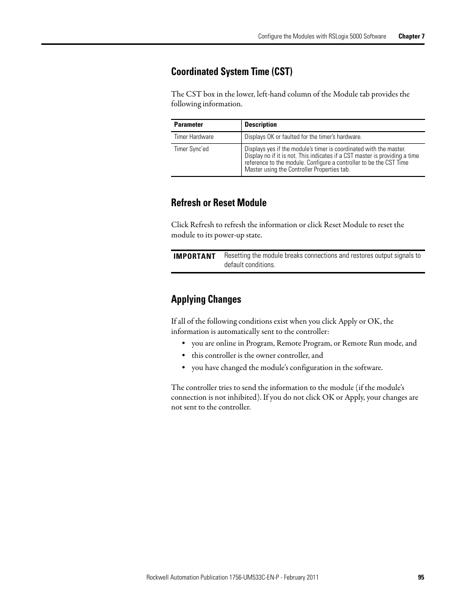 Coordinated system time (cst), Refresh or reset module, Applying changes | Rockwell Automation 1756-OF8H ControlLogix HART Analog I/O Modules User Manual | Page 95 / 228