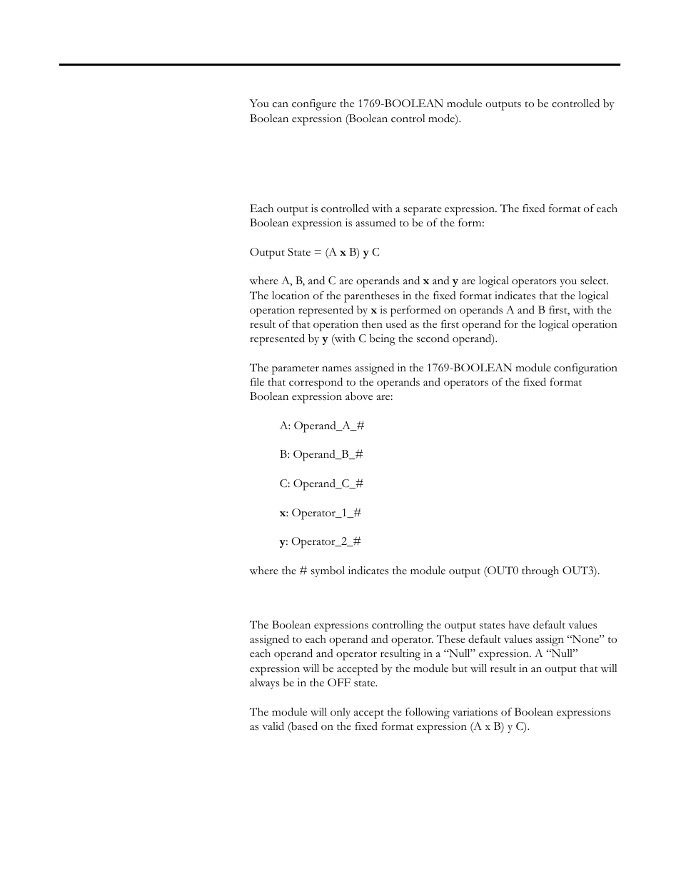 Control outputs using boolean expressions, Format of boolean expression, Boolean expression configuration restrictions | Rockwell Automation 1769-BOOLEAN Compact I/O Module Reference Manual User Manual | Page 15 / 98