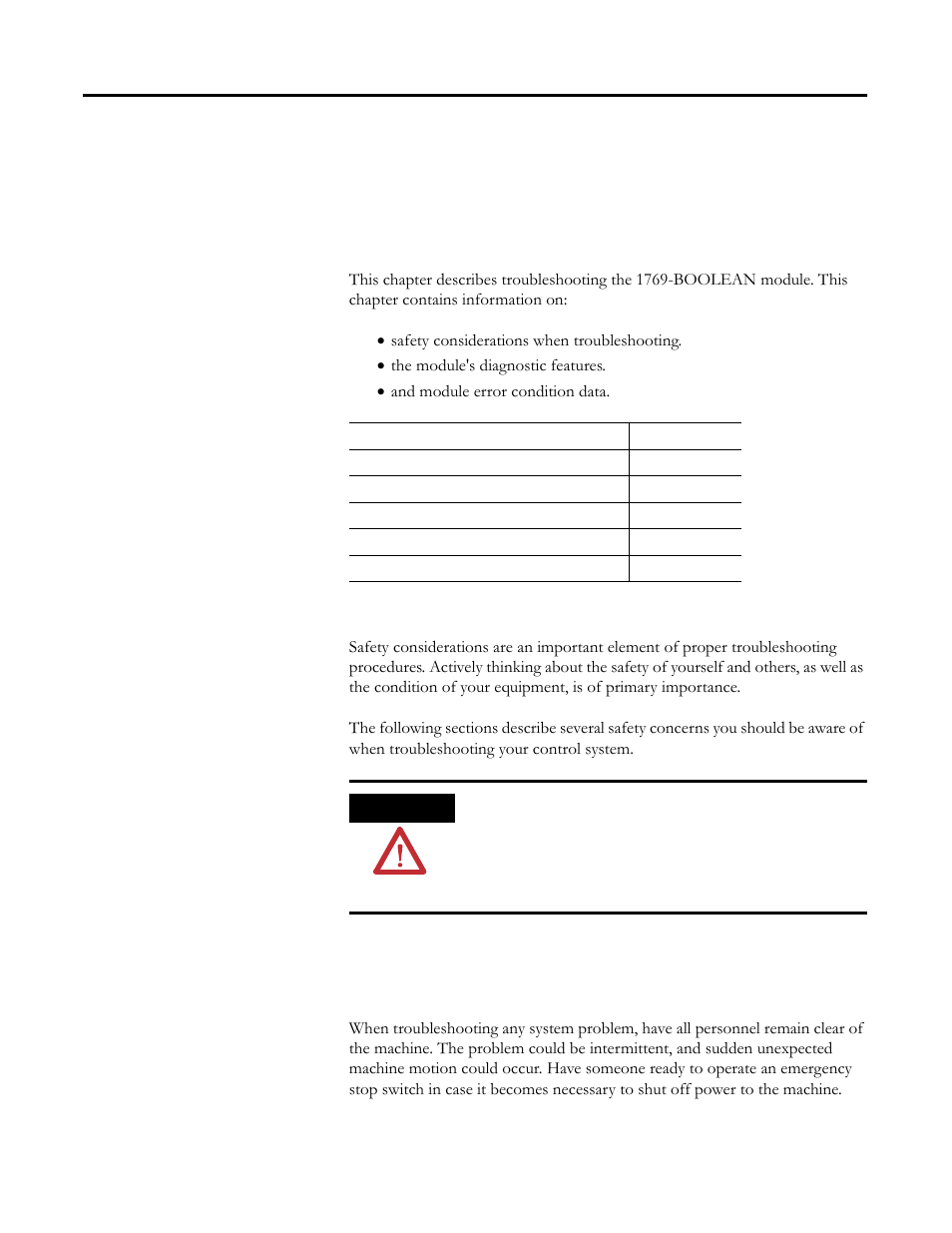 Module diagnostics and troubleshooting, Overview, Safety considerations | Stand clear of the machine, Chapter 4, Overview safety considerations, Chapter | Rockwell Automation 1769-BOOLEAN Compact I/O Module Reference Manual User Manual | Page 59 / 98